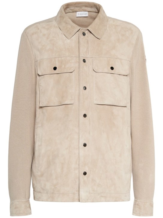 Moncler: Knitted cotton & suede cardigan jacket - Beige - men_0 | Luisa Via Roma