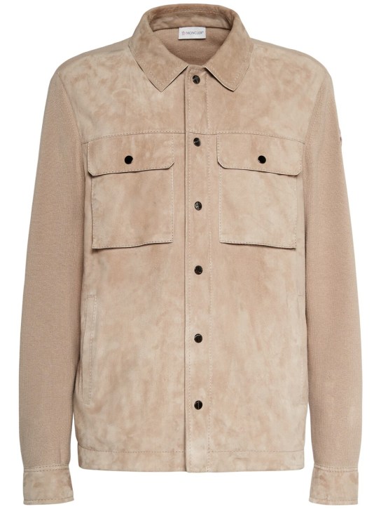 Moncler: Knitted cotton & suede cardigan jacket - men_0 | Luisa Via Roma