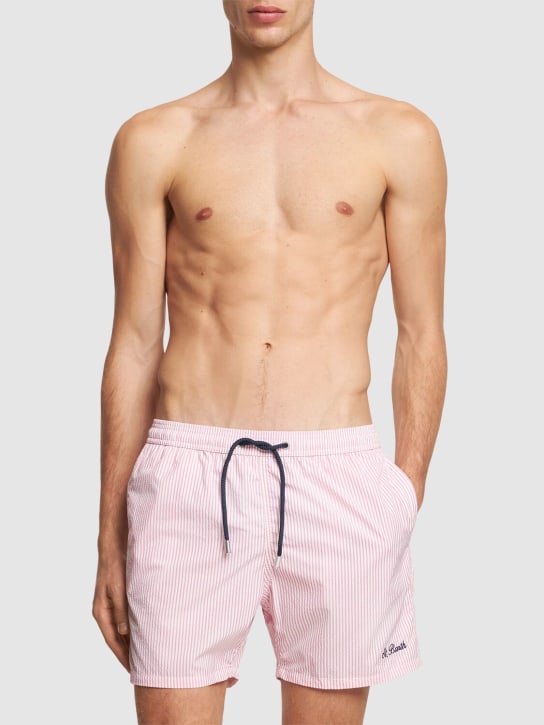 Mc2 Saint Barth: Striped print seersucker swim shorts - White/Pink - men_1 | Luisa Via Roma