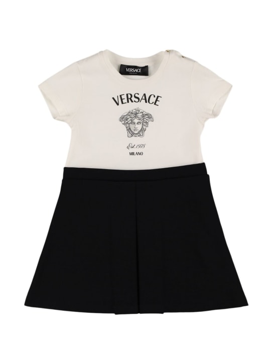 Versace: 프린트 로고 코튼 저지 드레스 - 화이트/블랙 - kids-girls_0 | Luisa Via Roma