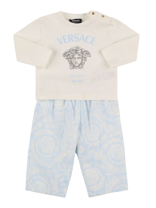 Versace: T-shirt & pantalon en jersey de coton imprimé - Blanc/Bleu Clair - kids-boys_0 | Luisa Via Roma