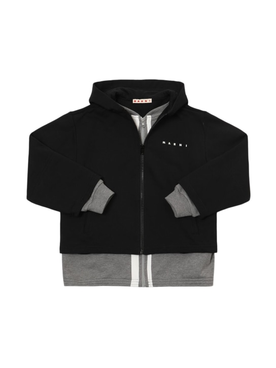 Marni Junior: Hooded zip-up cotton sweatshirt - Black - kids-boys_0 | Luisa Via Roma