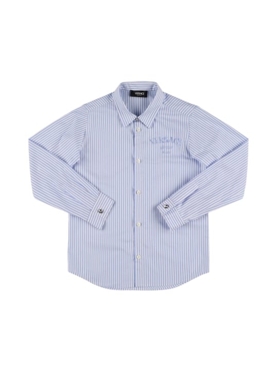 Versace: Camisa de popelina de algodón con logo - Blanco/Azul Claro - kids-boys_0 | Luisa Via Roma