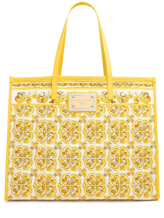 Dolce&Gabbana: Grand sac cabas à imprimé maiolica - Azulejos Giallo - women_0 | Luisa Via Roma
