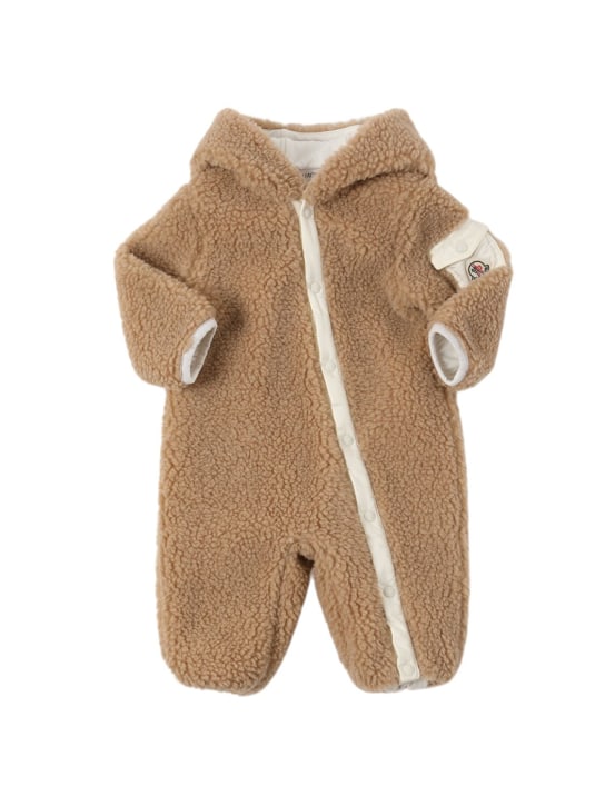 Moncler: Teddy tech romper with hoodie - 베이지 - kids-girls_0 | Luisa Via Roma