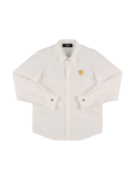 Versace: Embroidered logo cotton poplin shirt - Beyaz - kids-boys_0 | Luisa Via Roma