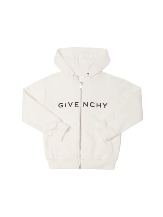 Givenchy: Felpa in misto cotone con zip e cappuccio - Off-White - kids-girls_0 | Luisa Via Roma