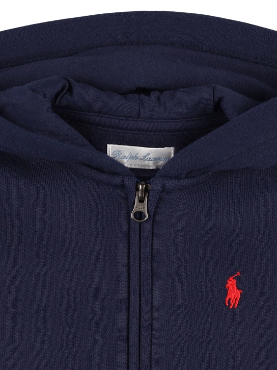 Polo Ralph Lauren: Sweat-shirt zippé en coton mélangé à  capuche - Bleu Marine - kids-boys_1 | Luisa Via Roma