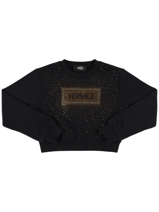 Versace: Felpa cropped in cotone con decorazioni - Nero - kids-girls_0 | Luisa Via Roma