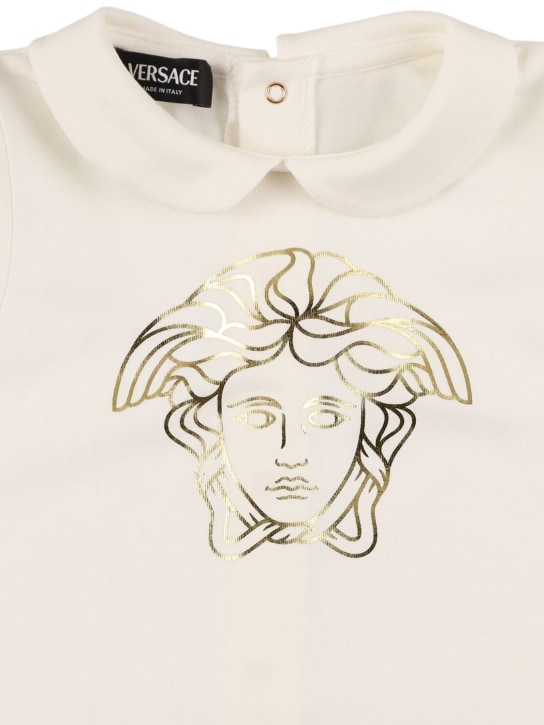 Versace: 印花棉质平纹针织连体衣 - 白色/金色 - kids-girls_1 | Luisa Via Roma