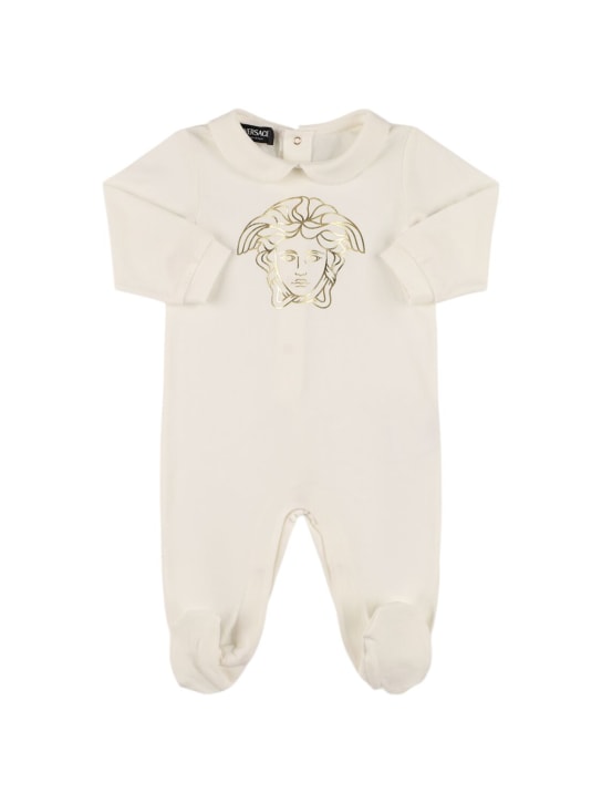 Versace: Tutina in jersey di cotone - Bianco/Oro - kids-girls_0 | Luisa Via Roma
