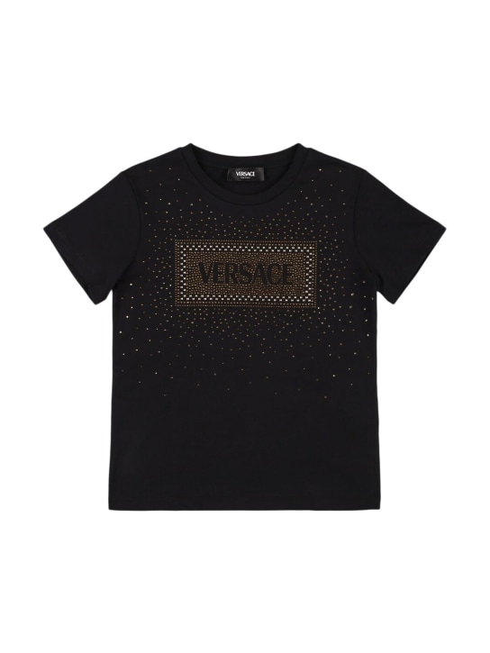 Versace: T-shirt in jersey di cotone con decorazioni - Nero - kids-girls_0 | Luisa Via Roma