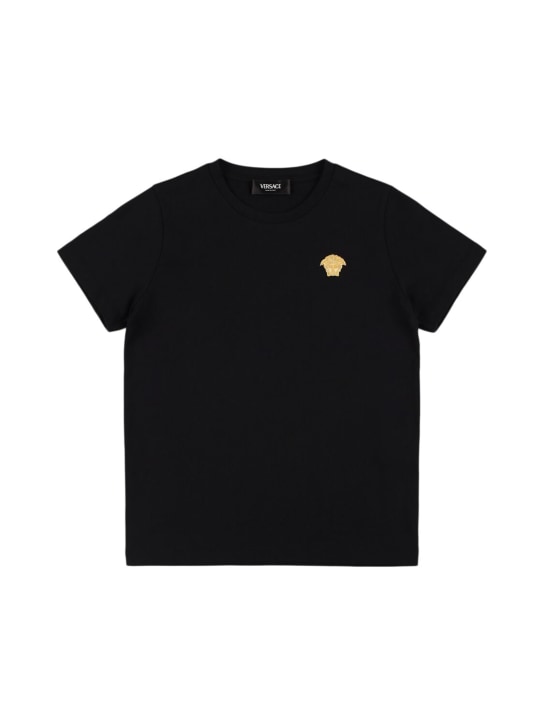 Versace: T-shirt in jersey di cotone con ricamo - Nero - kids-girls_0 | Luisa Via Roma