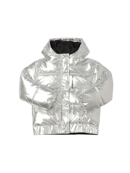 Karl Lagerfeld: Hooded nylon puffer jacket - Silver - kids-girls_0 | Luisa Via Roma