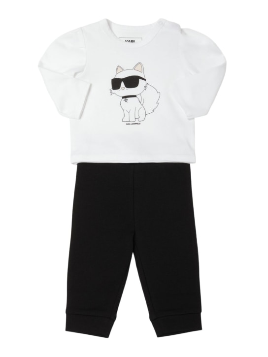 Karl Lagerfeld: 프린트 코튼 저지 티셔츠 & 레깅스 - 화이트/블랙 - kids-girls_0 | Luisa Via Roma
