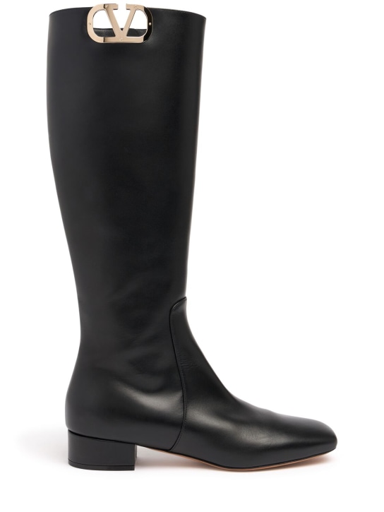 Valentino Garavani: 30mm Vlogo leather tall boots - Black - women_0 | Luisa Via Roma