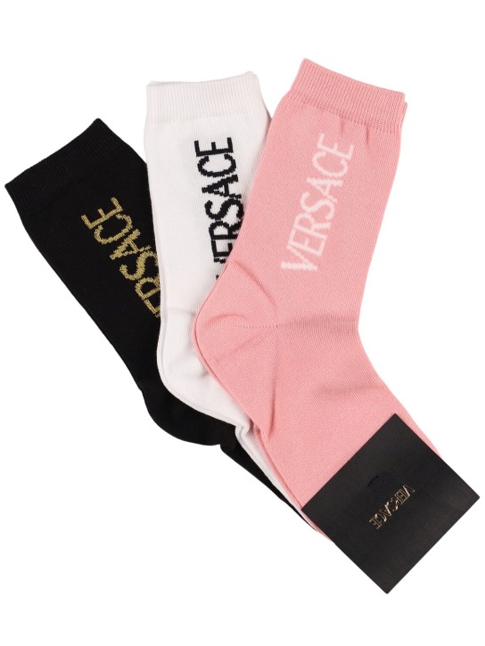 Versace: 3 paires de chaussettes en coton mélangé à logo - Blanc/Rose - kids-girls_0 | Luisa Via Roma