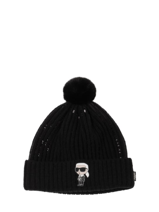 Karl Lagerfeld: Tech knit hat w/pompon appliqué - Black - kids-girls_0 | Luisa Via Roma