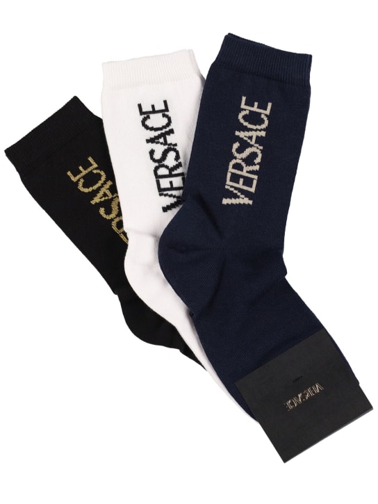 Versace: Comprend 3 paires de chaussettes en coton intarsia - Noir/Bleu - kids-girls_0 | Luisa Via Roma