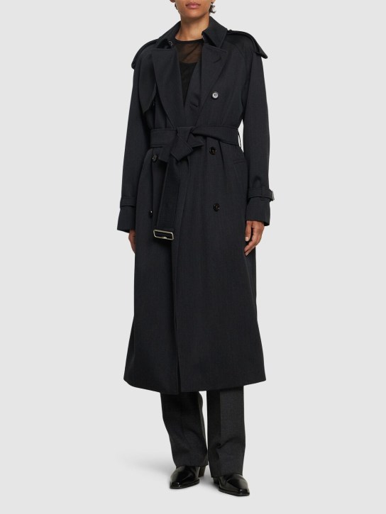 Burberry: Trench-coat long en laine vierge - Gris Foncé - women_1 | Luisa Via Roma