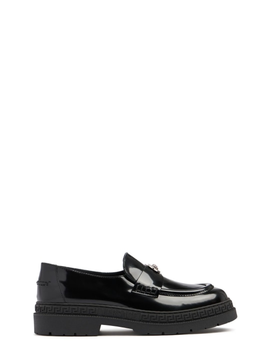 Versace: Leather loafers w/logo appliqué - Black - kids-girls_0 | Luisa Via Roma