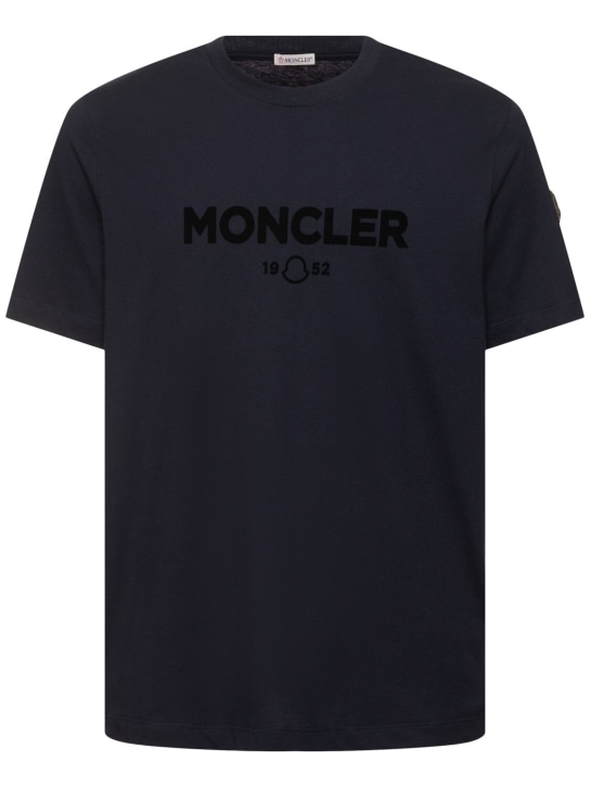 Moncler: T-shirt en coton et cachemire - Bleu - men_0 | Luisa Via Roma