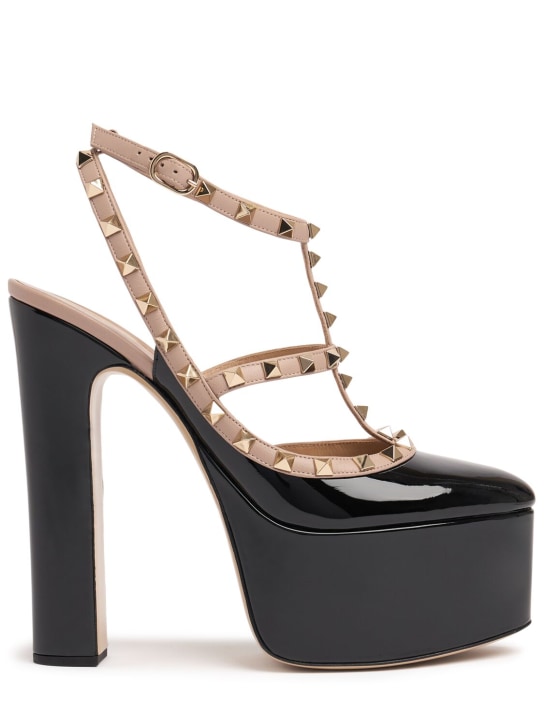 Valentino Garavani: 155mm Rockstud patent leather sandals - Black/Poudre - women_0 | Luisa Via Roma