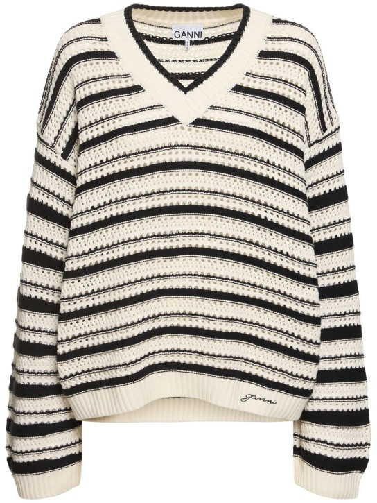 GANNI: Striped cotton v-neck sweater - White/Black - women_0 | Luisa Via Roma