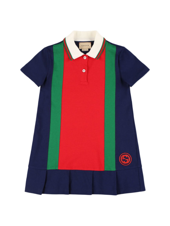 Gucci: Web heavy cotton polo dress - Blue/Multi - kids-girls_0 | Luisa Via Roma