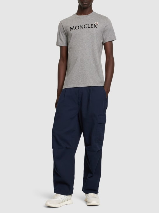 Moncler: Flocked logo cotton t-shirt - Light Grey - men_1 | Luisa Via Roma
