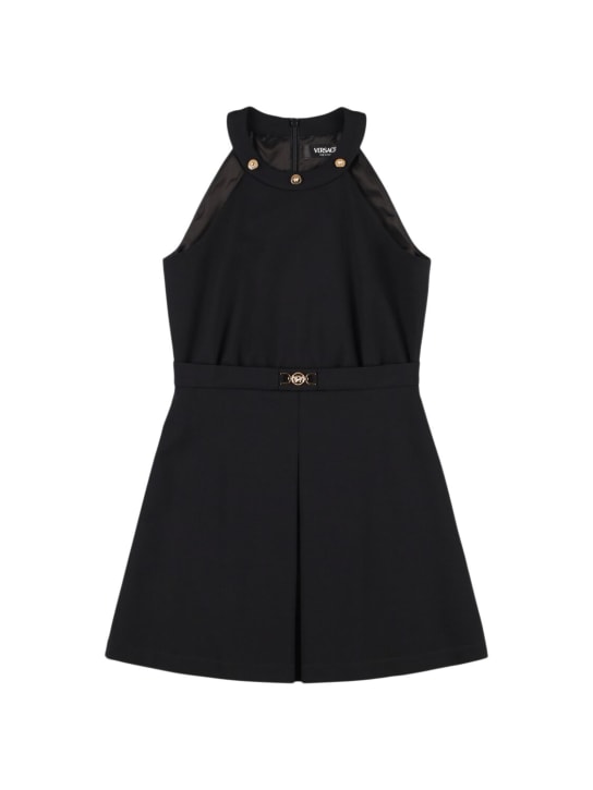 Versace: Sleeveless jersey dress w/ logo buckle - Black - kids-girls_0 | Luisa Via Roma
