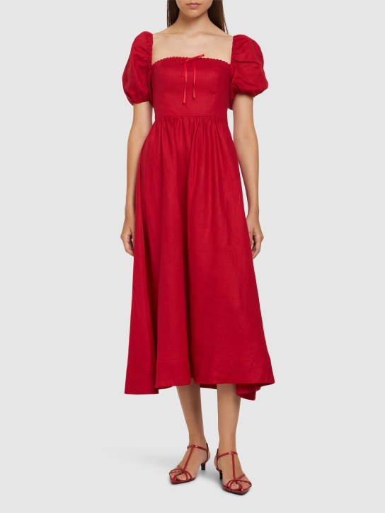 Reformation: Marella linen puff sleeve midi dress - Red - women_1 | Luisa Via Roma
