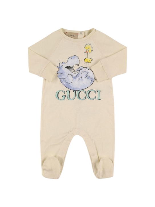 Gucci: Barboteuse en coton imprimé hippopotame - Blanc - kids-girls_0 | Luisa Via Roma