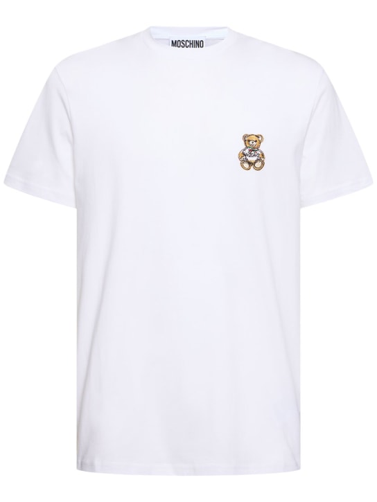 Moschino: Geripptes T-Shirt mit Teddy-Patch - Weiß - men_0 | Luisa Via Roma