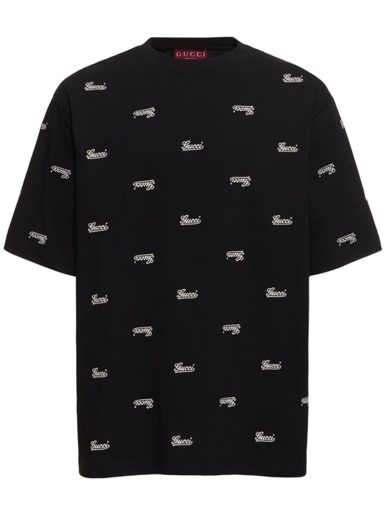 Gucci: T-shirt en jersey de coton épais à logo - Noir - men_0 | Luisa Via Roma