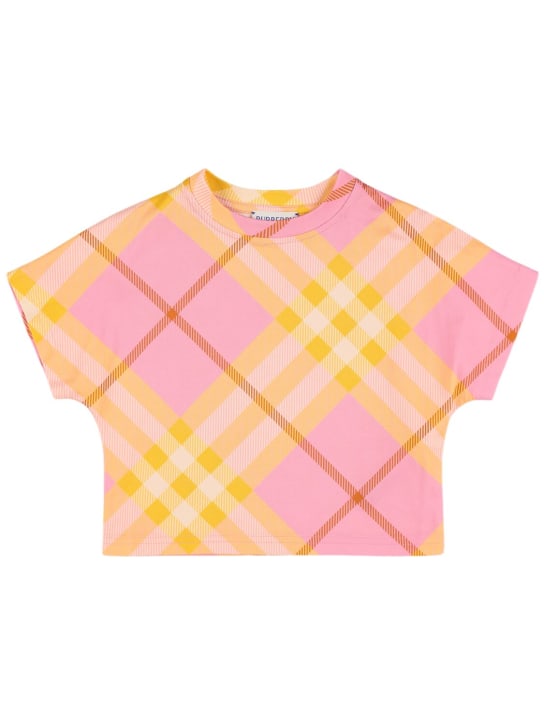 Burberry: T-shirt en jersey de coton à carreaux - Rose/Multicolore - kids-girls_0 | Luisa Via Roma