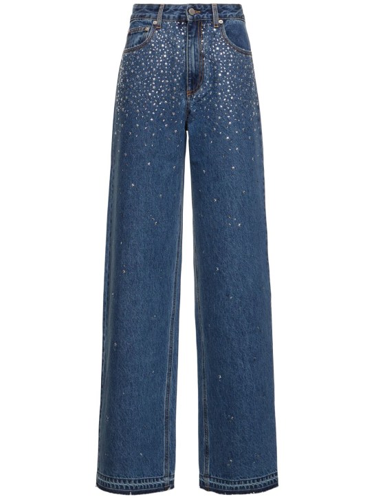 Alessandra Rich: Jeans larghi in denim di cotone con cristalli - Blu - women_0 | Luisa Via Roma