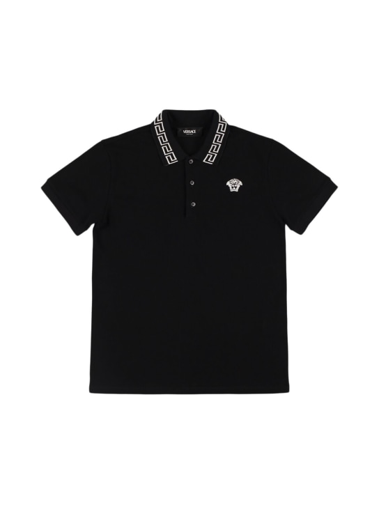 Versace: Embroidered cotton piquet  polo t-shirt - Black - kids-boys_0 | Luisa Via Roma