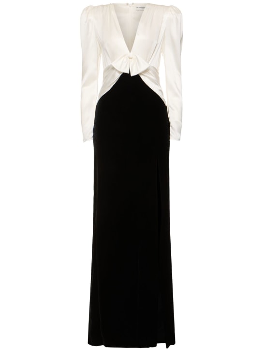 Alessandra Rich: Velvet & silk satin long dress - Siyah/Beyaz - women_0 | Luisa Via Roma
