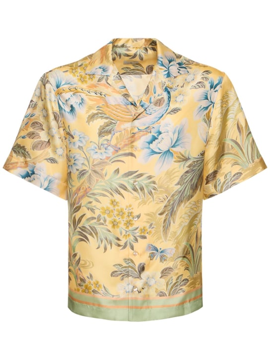 Etro: Printed silk short sleeve shirt - Yellow - men_0 | Luisa Via Roma