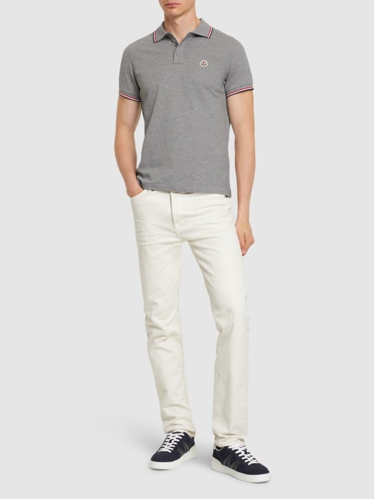 Moncler: Logo patch cotton polo shirt - Light Grey - men_1 | Luisa Via Roma
