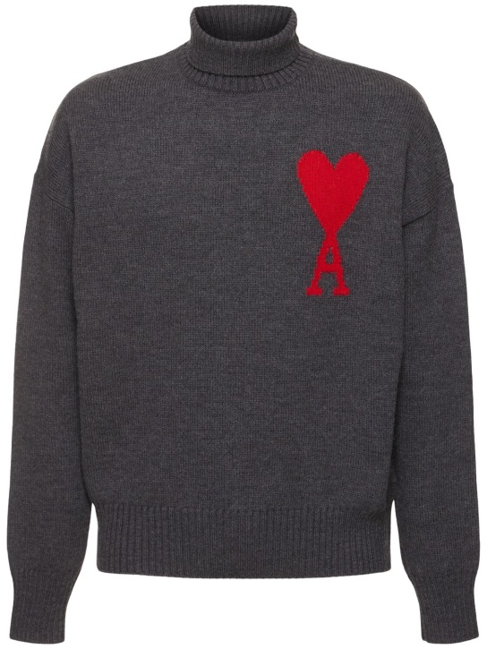 AMI Paris: Adc funnel neck wool sweater - Grey/Red - men_0 | Luisa Via Roma