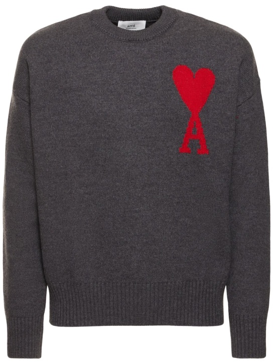 AMI Paris: Adc wool crewneck sweater - Grey/Red - men_0 | Luisa Via Roma