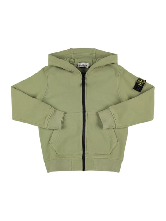 Stone Island: Organic cotton hooded zip sweatshirt - Koyu Yeşil - kids-boys_0 | Luisa Via Roma