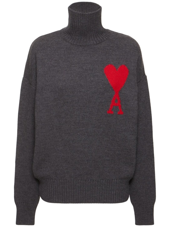 AMI Paris: Logo felted wool turtleneck sweater - Grey/Red - women_0 | Luisa Via Roma