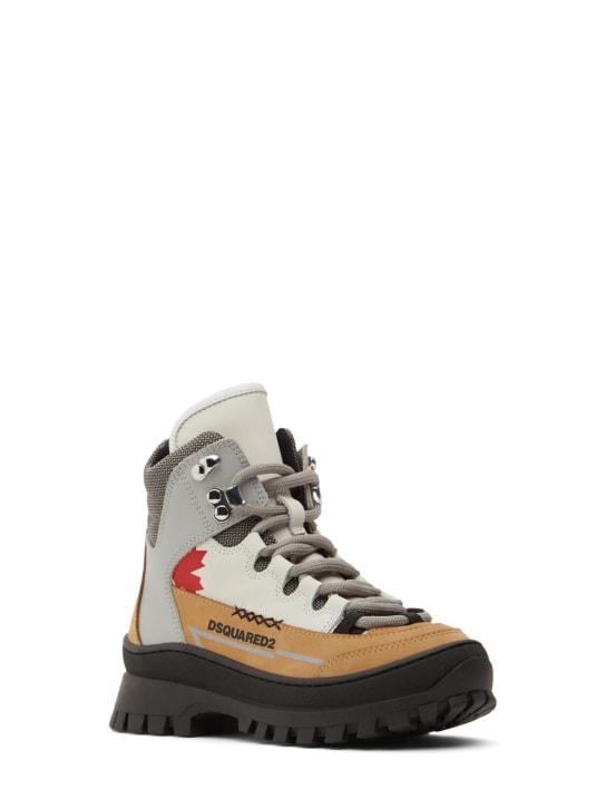 Dsquared2: Logo print leather hiking boots - Grey/Multi - kids-boys_1 | Luisa Via Roma