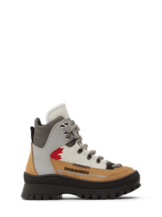 Dsquared2: Logo print leather hiking boots - Grey/Multi - kids-boys_0 | Luisa Via Roma