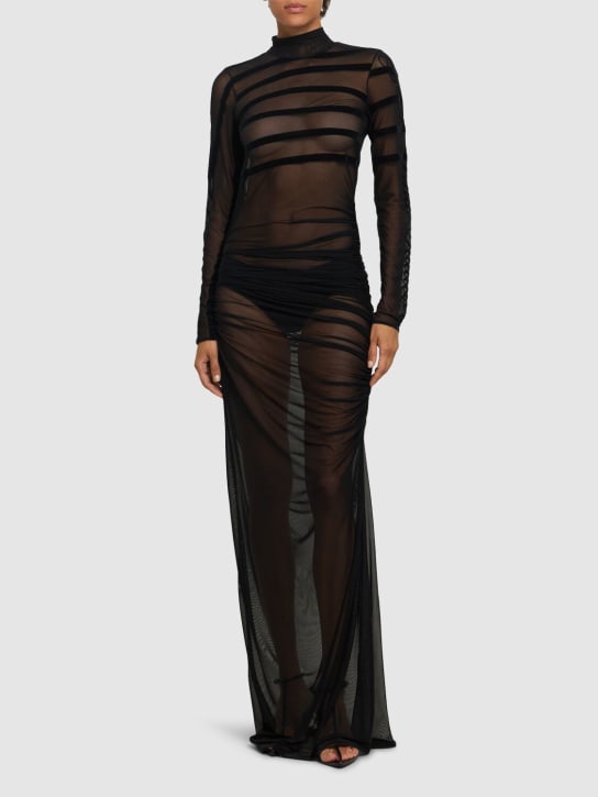 Jean Paul Gaultier: 垂褶网眼长款连衣裙 - 黑色 - women_1 | Luisa Via Roma
