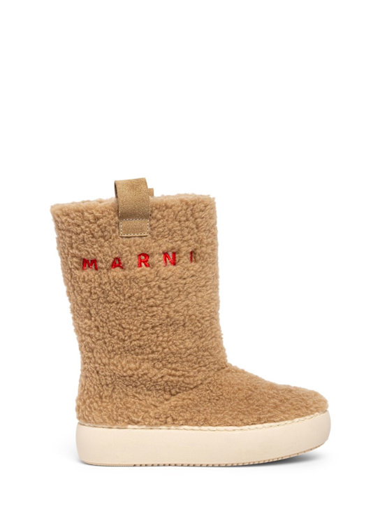 Marni Junior: Logo embroidered plush boots - Light Brown - kids-girls_0 | Luisa Via Roma