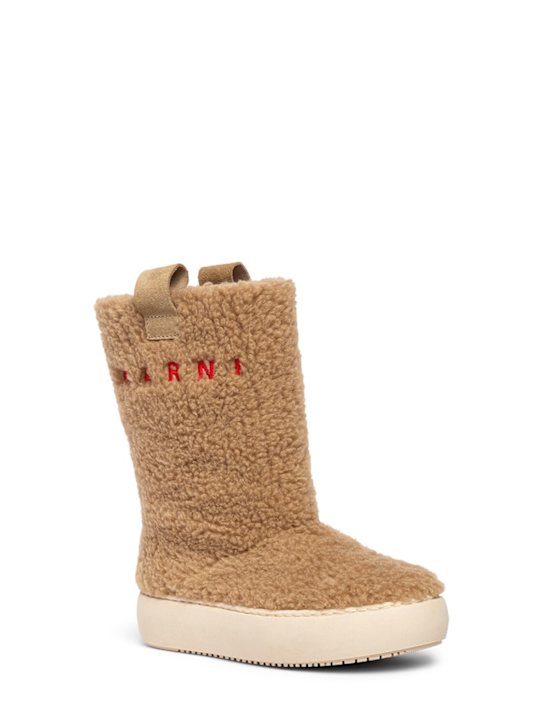Marni Junior: Logo embroidered plush boots - Light Brown - kids-girls_1 | Luisa Via Roma